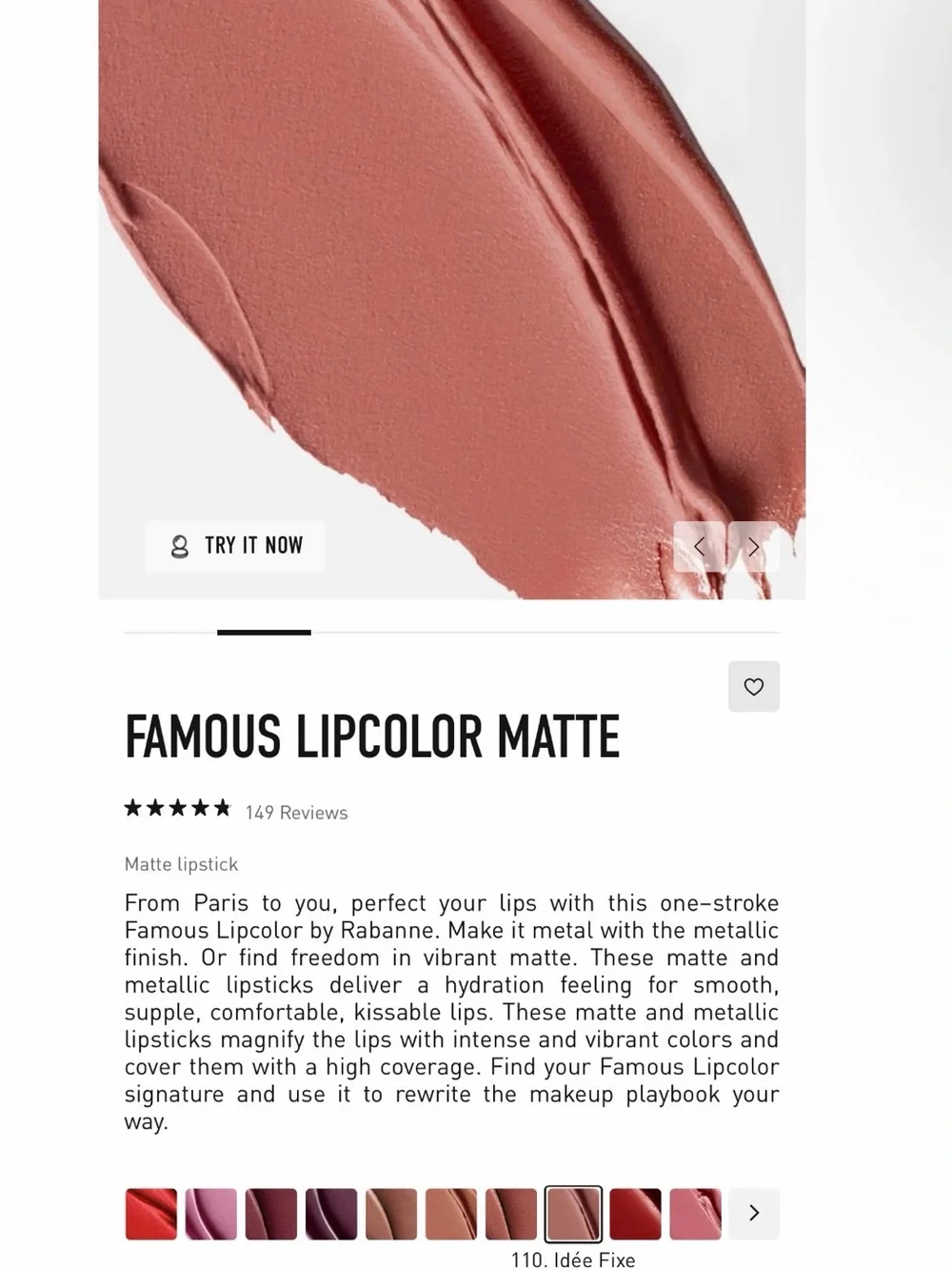 Rabanne Famous Lipcolor Matte 110 Idée Fixe 1g Travel Size NEW